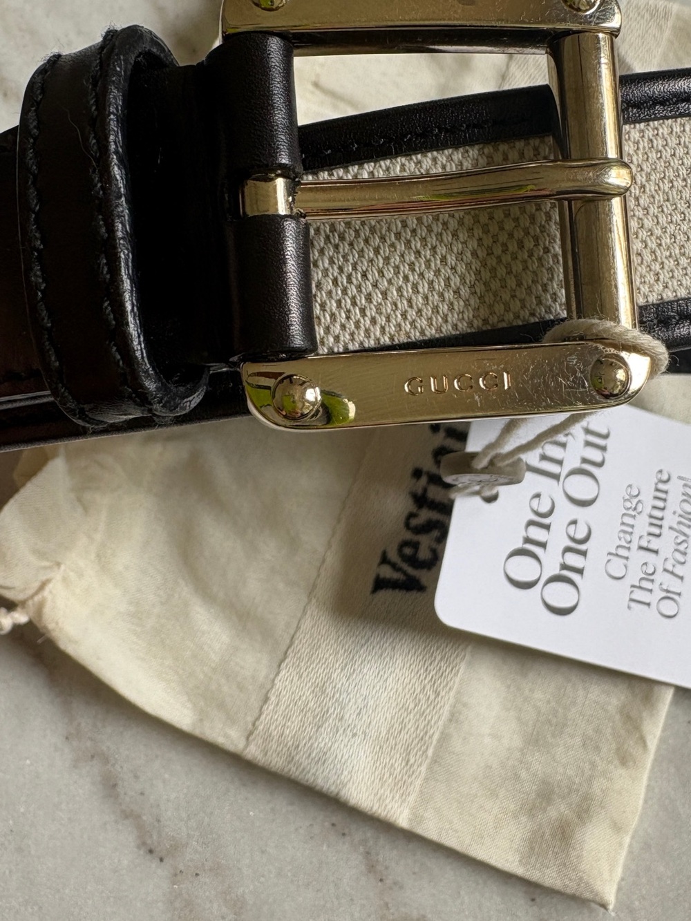 Gucci Black Leather and Cream Canvas Belt with Gold-Tone Buckle